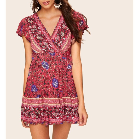Red Floral Side Tie Wrap Fit & Flare Mini Dress - Picture 4 of 7